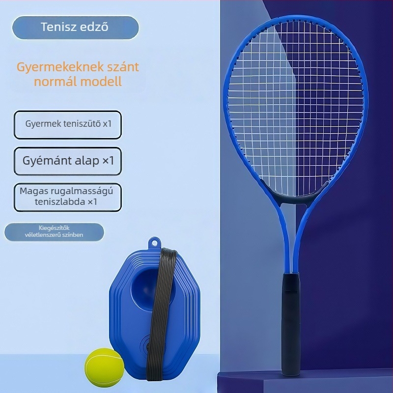 Tenisz edző rakéta – váz alumíniumötvözet; tömeg 95–100 g; fogantyú vastagsága G1; típus: egyenes ütés; huzal anyaga: nylon