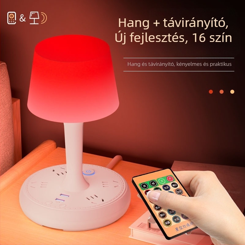 Hangvezérléses intelligens LED asztali lámpa aljzattal, USB töltés, 10A/250V, CCC tanúsítvány, otthoni/ kollégiumi/ kereskedelmi használatra