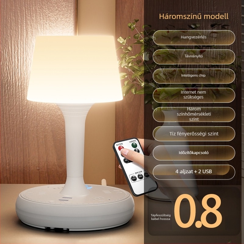 Hangvezérléses intelligens LED asztali lámpa aljzattal, USB töltés, 10A/250V, CCC tanúsítvány, otthoni/ kollégiumi/ kereskedelmi használatra