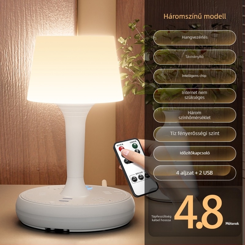 Hangvezérléses intelligens LED asztali lámpa aljzattal, USB töltés, 10A/250V, CCC tanúsítvány, otthoni/ kollégiumi/ kereskedelmi használatra