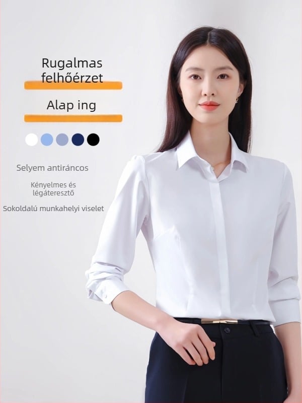 Női hosszú ujjú ing őszi irodai viselethez, vasalásmentes anyag, bambuszrost és poliészter keverék (30-50% mindkettő), hímzett logó, négyzetes gallér.