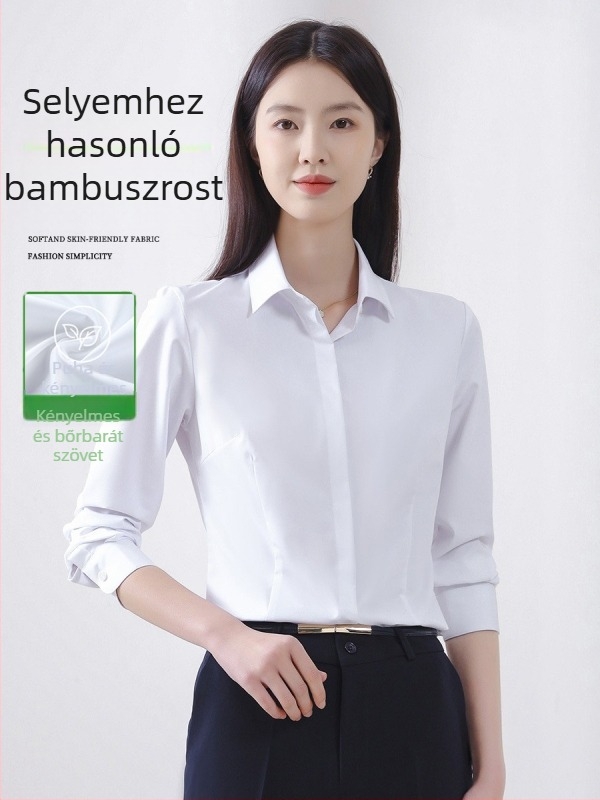 Női hosszú ujjú ing őszi irodai viselethez, vasalásmentes anyag, bambuszrost és poliészter keverék (30-50% mindkettő), hímzett logó, négyzetes gallér.