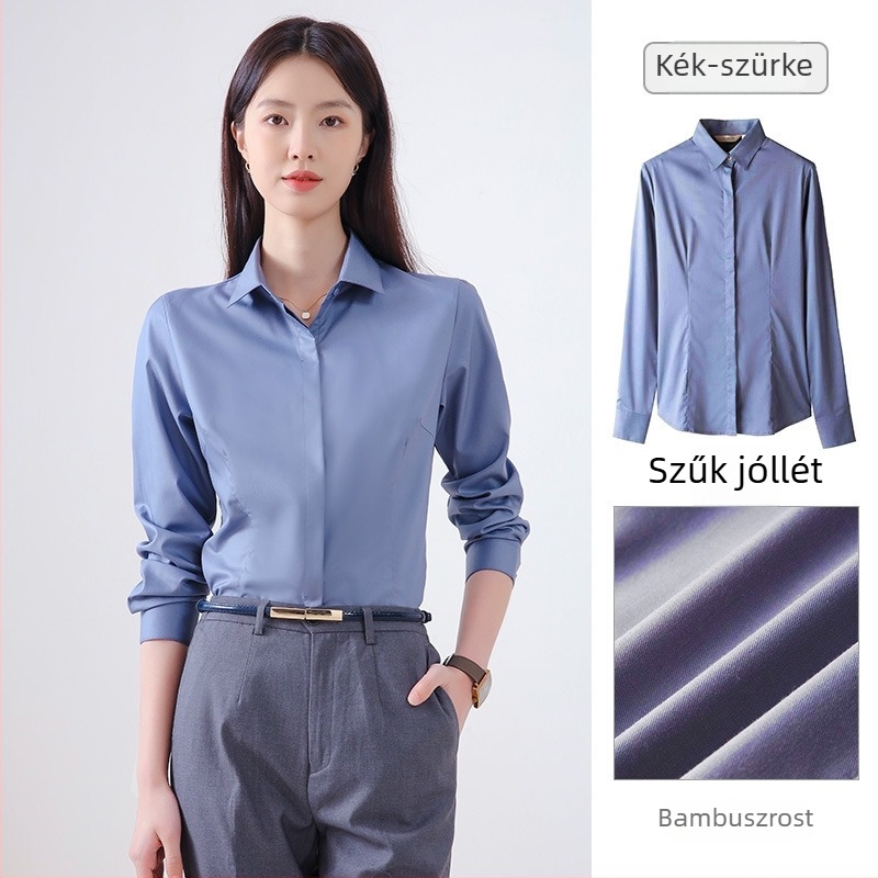 Női hosszú ujjú ing őszi irodai viselethez, vasalásmentes anyag, bambuszrost és poliészter keverék (30-50% mindkettő), hímzett logó, négyzetes gallér.