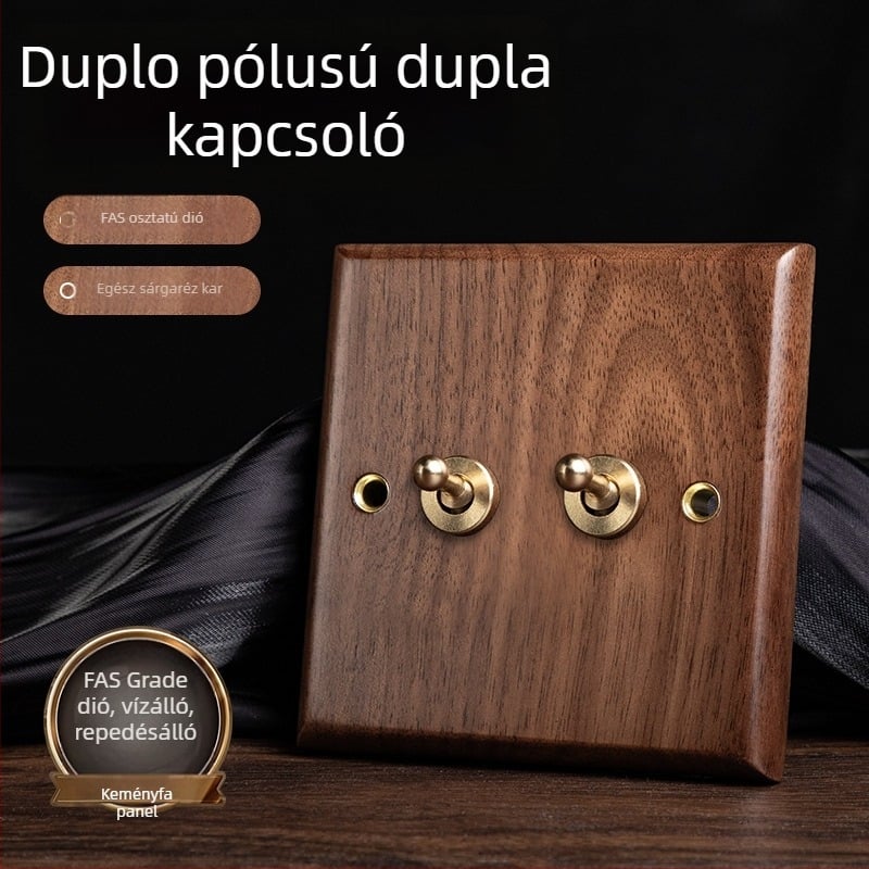 86-os típusú fali aljzatpanel, Walnut Lever sorozat, tömör fekete diófa, réz kar, 10A, 220V