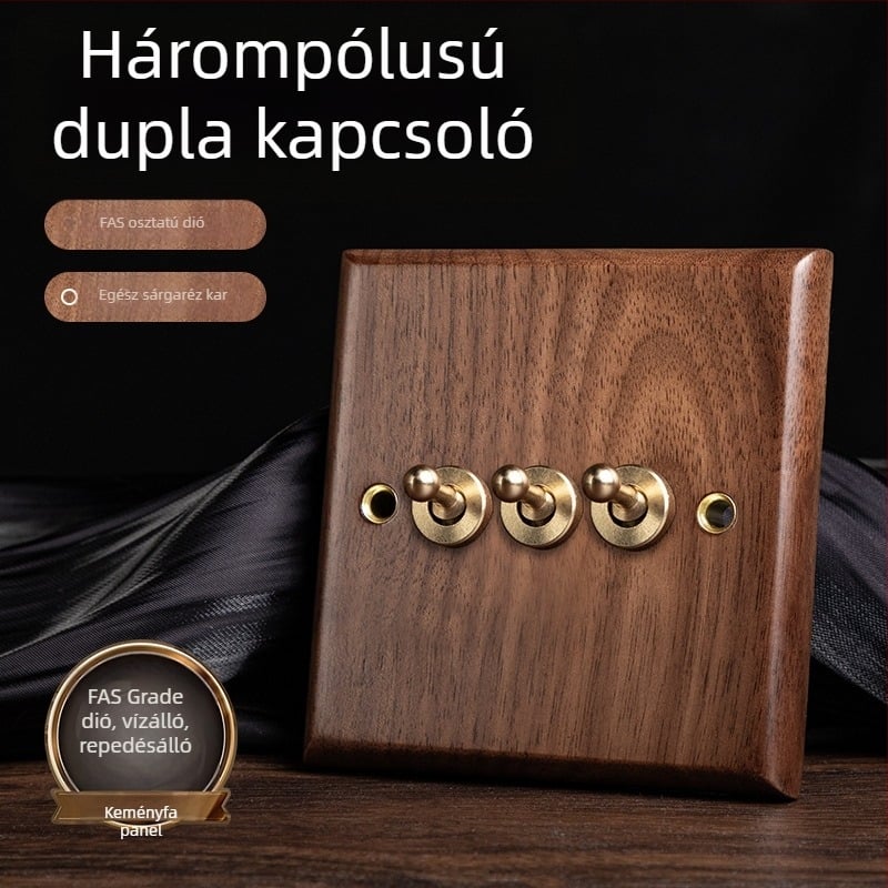 86-os típusú fali aljzatpanel, Walnut Lever sorozat, tömör fekete diófa, réz kar, 10A, 220V