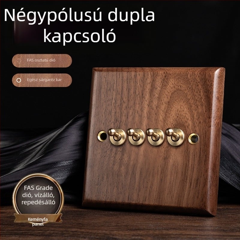 86-os típusú fali aljzatpanel, Walnut Lever sorozat, tömör fekete diófa, réz kar, 10A, 220V