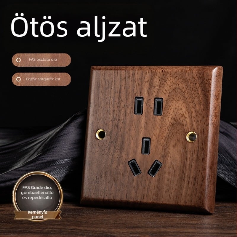 86-os típusú fali aljzatpanel, Walnut Lever sorozat, tömör fekete diófa, réz kar, 10A, 220V