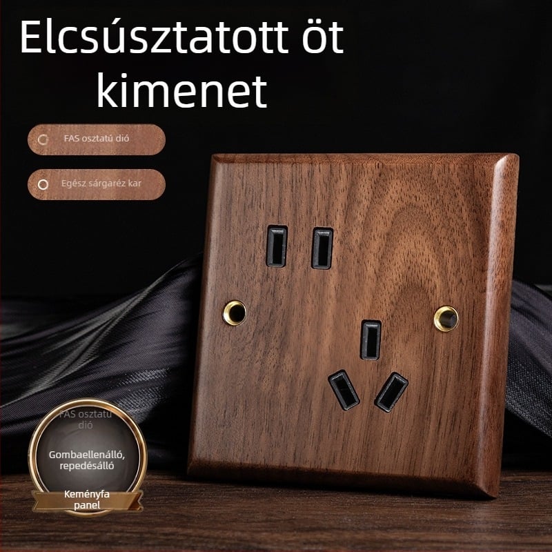 86-os típusú fali aljzatpanel, Walnut Lever sorozat, tömör fekete diófa, réz kar, 10A, 220V
