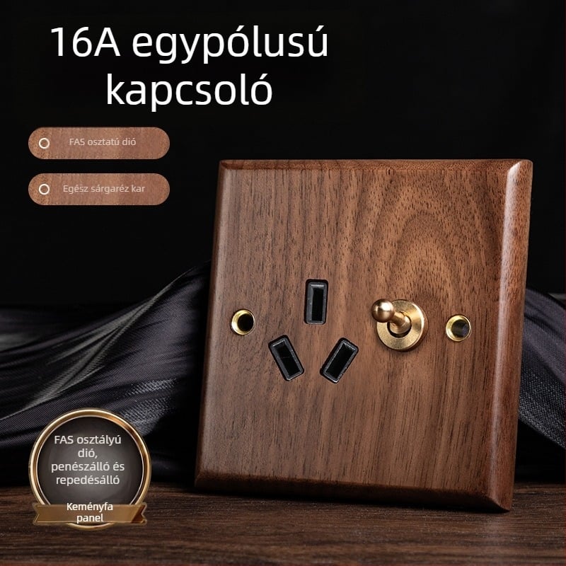 86-os típusú fali aljzatpanel, Walnut Lever sorozat, tömör fekete diófa, réz kar, 10A, 220V