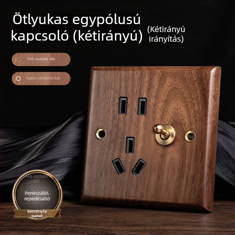 86-os típusú fali aljzatpanel, Walnut Lever sorozat, tömör fekete diófa, réz kar, 10A, 220V
