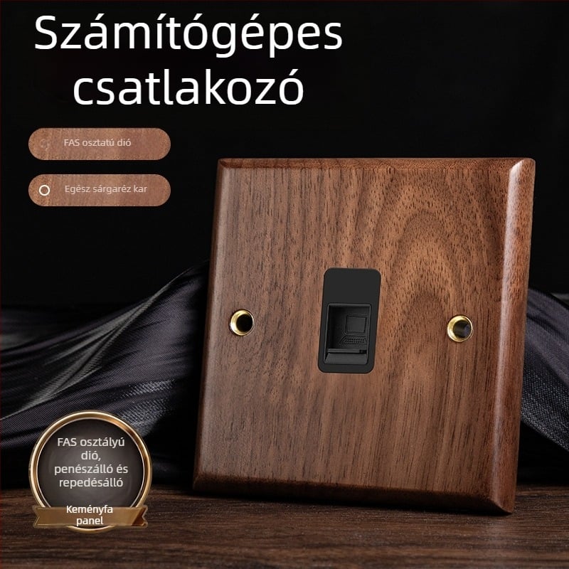 86-os típusú fali aljzatpanel, Walnut Lever sorozat, tömör fekete diófa, réz kar, 10A, 220V