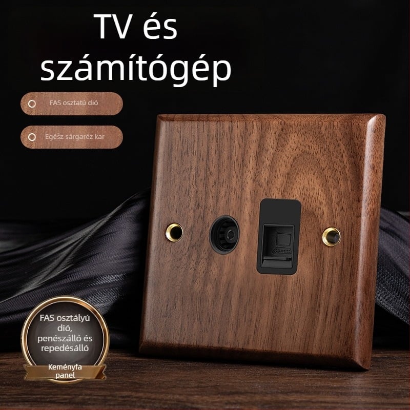 86-os típusú fali aljzatpanel, Walnut Lever sorozat, tömör fekete diófa, réz kar, 10A, 220V