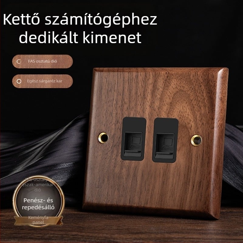 86-os típusú fali aljzatpanel, Walnut Lever sorozat, tömör fekete diófa, réz kar, 10A, 220V