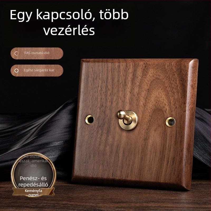 86-os típusú fali aljzatpanel, Walnut Lever sorozat, tömör fekete diófa, réz kar, 10A, 220V