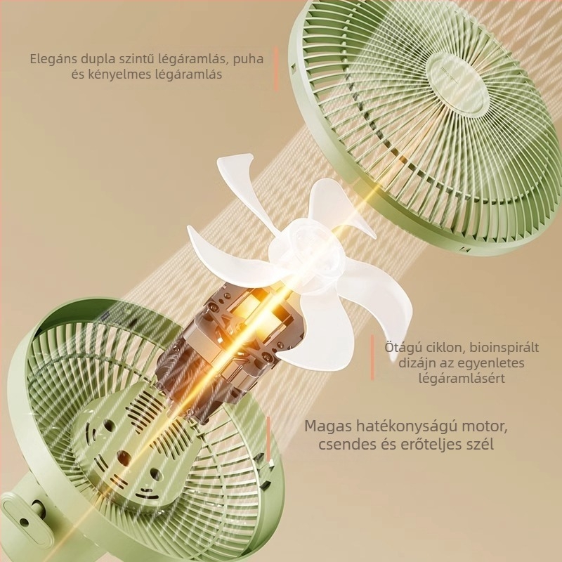 Mini klipszes/asztali ventilátor falra szerelhető opcióval, 5 lapát, AC motor, 2 sebesség, hálózati áram