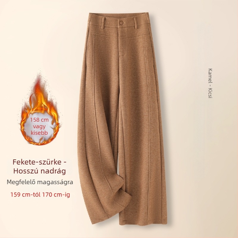 Női gyapjúkeverékből készült fleece-béléssel ellátott széles lábú nadrág, magas derék, téli 2025