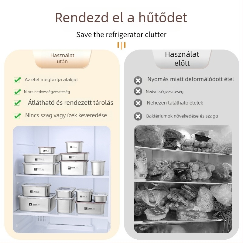 304-es rozsdamentes acél ebédes doboz fedővel, élelmiszer-minőségű, négyszögletes, mikrohullámú sütőben használható, kapacitás 800–1000 ml