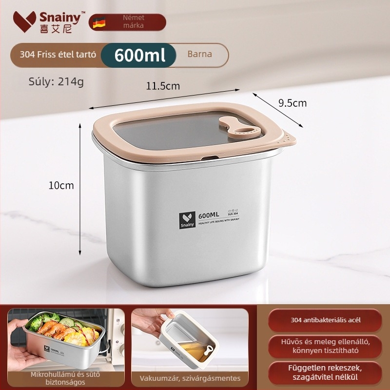 304-es rozsdamentes acél ebédes doboz fedővel, élelmiszer-minőségű, négyszögletes, mikrohullámú sütőben használható, kapacitás 800–1000 ml