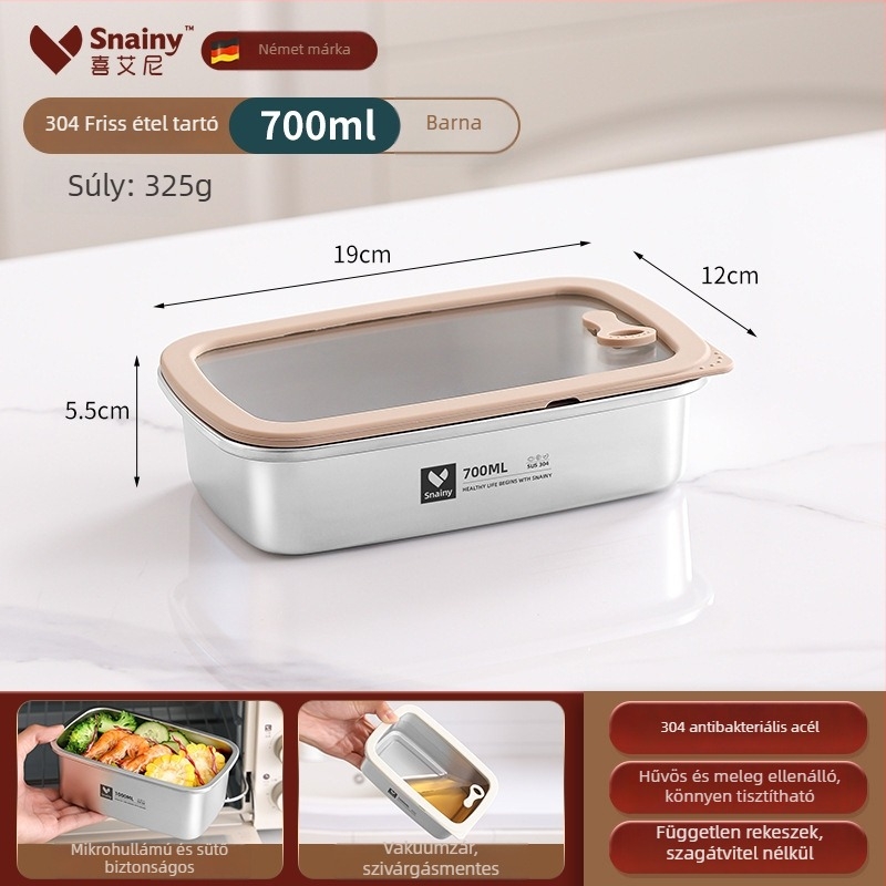 304-es rozsdamentes acél ebédes doboz fedővel, élelmiszer-minőségű, négyszögletes, mikrohullámú sütőben használható, kapacitás 800–1000 ml
