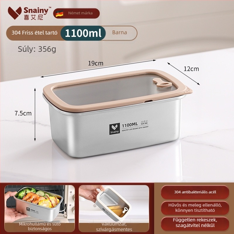 304-es rozsdamentes acél ebédes doboz fedővel, élelmiszer-minőségű, négyszögletes, mikrohullámú sütőben használható, kapacitás 800–1000 ml
