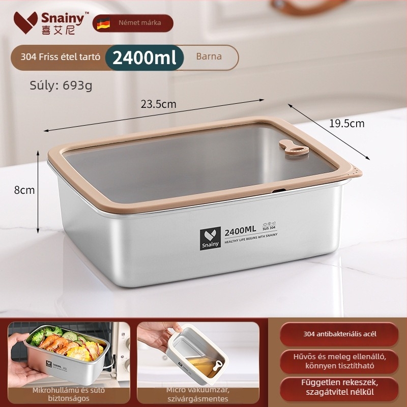 304-es rozsdamentes acél ebédes doboz fedővel, élelmiszer-minőségű, négyszögletes, mikrohullámú sütőben használható, kapacitás 800–1000 ml