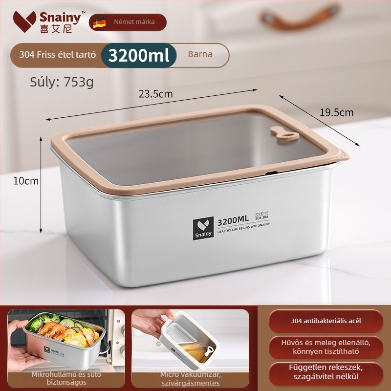 304-es rozsdamentes acél ebédes doboz fedővel, élelmiszer-minőségű, négyszögletes, mikrohullámú sütőben használható, kapacitás 800–1000 ml