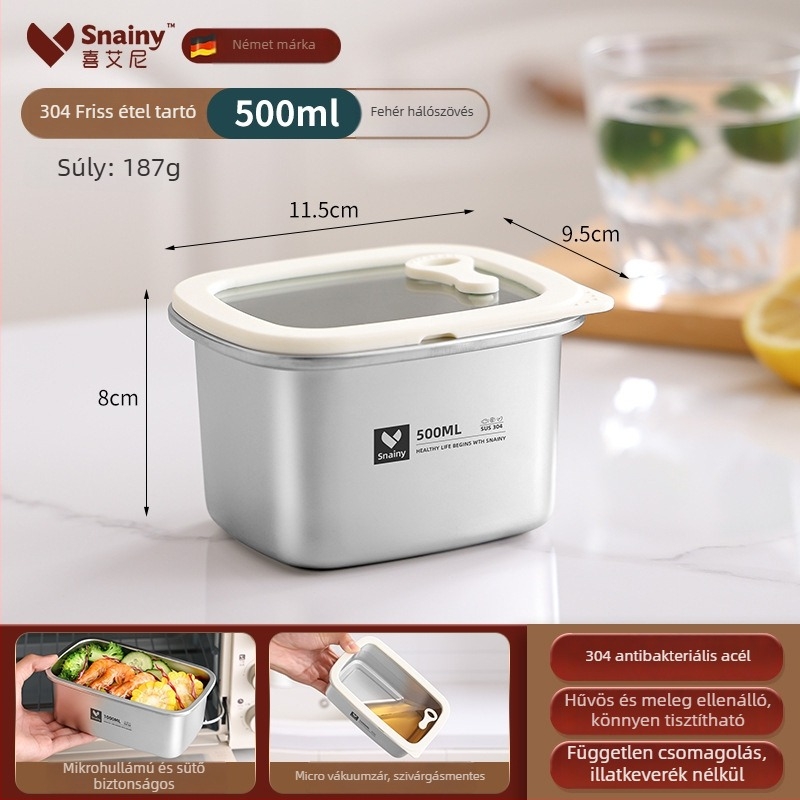 304-es rozsdamentes acél ebédes doboz fedővel, élelmiszer-minőségű, négyszögletes, mikrohullámú sütőben használható, kapacitás 800–1000 ml