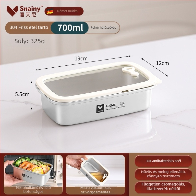 304-es rozsdamentes acél ebédes doboz fedővel, élelmiszer-minőségű, négyszögletes, mikrohullámú sütőben használható, kapacitás 800–1000 ml