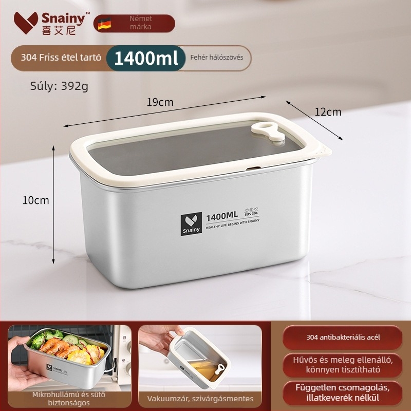 304-es rozsdamentes acél ebédes doboz fedővel, élelmiszer-minőségű, négyszögletes, mikrohullámú sütőben használható, kapacitás 800–1000 ml
