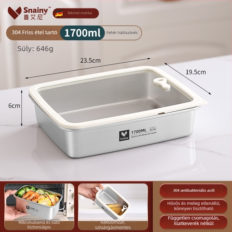 304-es rozsdamentes acél ebédes doboz fedővel, élelmiszer-minőségű, négyszögletes, mikrohullámú sütőben használható, kapacitás 800–1000 ml