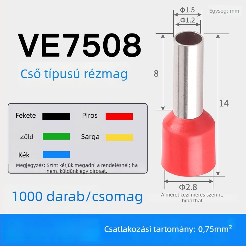 Shen Qibo cső típusú terminál E0508 VE1008 E1508, PVC izolált, villanyszerelőknek