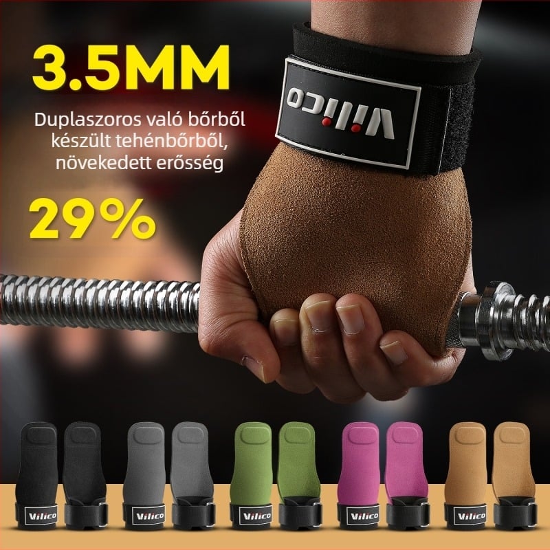 Súlyemeléshez tenyérvédő – marhabőr, csúszásmentes, négyujjas