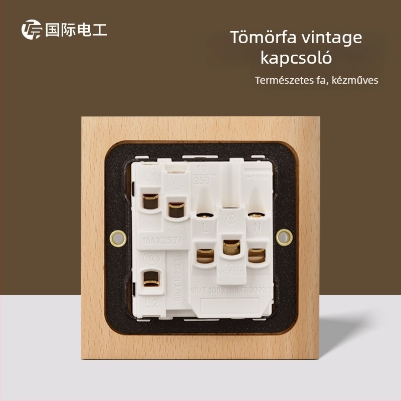 86-os típusú falikapcsoló- és dugaszpanel tömörfából, bronz kar, 10A/220V, 3C tanúsítva