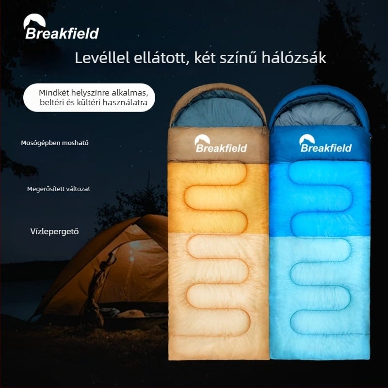 Kempingező kültéri hálózsák, vízálló, vastag töltet, boríték-stílusú, kapucnival, felnőtteknek (Töltet: üreges pamut; Belső: Chunya Spinning; Anyag: poliészter tafta; Szerkezet: boríték; Súly: 1200 g)