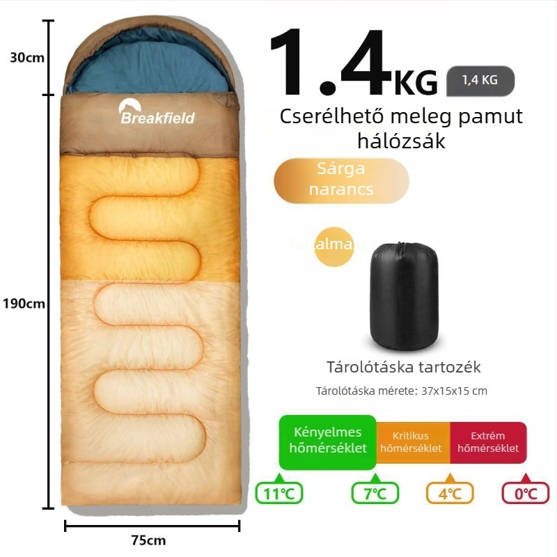 Kempingező kültéri hálózsák, vízálló, vastag töltet, boríték-stílusú, kapucnival, felnőtteknek (Töltet: üreges pamut; Belső: Chunya Spinning; Anyag: poliészter tafta; Szerkezet: boríték; Súly: 1200 g)