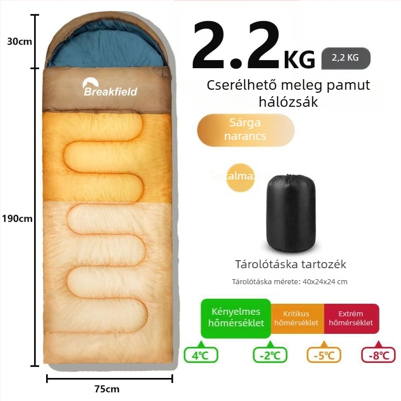 Kempingező kültéri hálózsák, vízálló, vastag töltet, boríték-stílusú, kapucnival, felnőtteknek (Töltet: üreges pamut; Belső: Chunya Spinning; Anyag: poliészter tafta; Szerkezet: boríték; Súly: 1200 g)