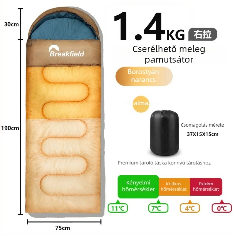 Kempingező kültéri hálózsák, vízálló, vastag töltet, boríték-stílusú, kapucnival, felnőtteknek (Töltet: üreges pamut; Belső: Chunya Spinning; Anyag: poliészter tafta; Szerkezet: boríték; Súly: 1200 g)