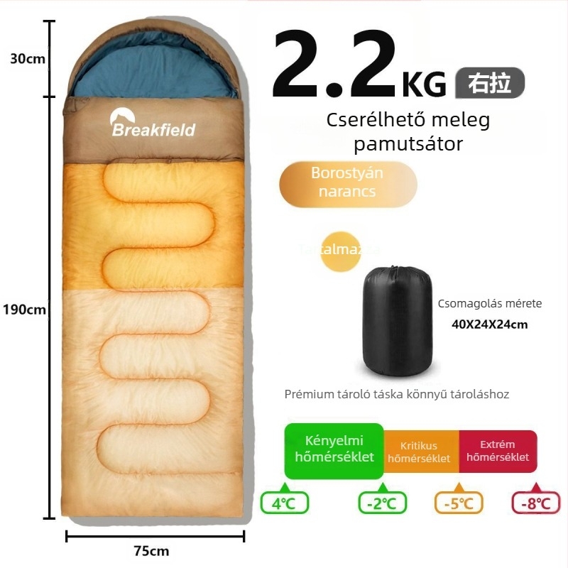 Kempingező kültéri hálózsák, vízálló, vastag töltet, boríték-stílusú, kapucnival, felnőtteknek (Töltet: üreges pamut; Belső: Chunya Spinning; Anyag: poliészter tafta; Szerkezet: boríték; Súly: 1200 g)