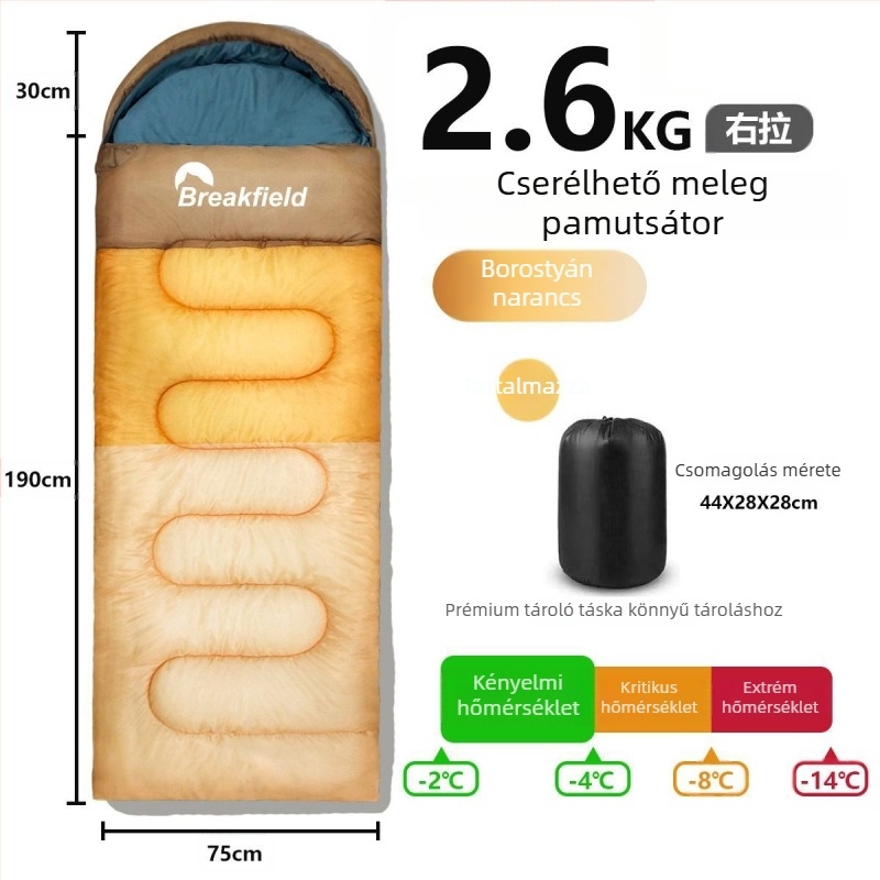 Kempingező kültéri hálózsák, vízálló, vastag töltet, boríték-stílusú, kapucnival, felnőtteknek (Töltet: üreges pamut; Belső: Chunya Spinning; Anyag: poliészter tafta; Szerkezet: boríték; Súly: 1200 g)