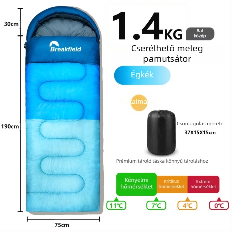 Kempingező kültéri hálózsák, vízálló, vastag töltet, boríték-stílusú, kapucnival, felnőtteknek (Töltet: üreges pamut; Belső: Chunya Spinning; Anyag: poliészter tafta; Szerkezet: boríték; Súly: 1200 g)