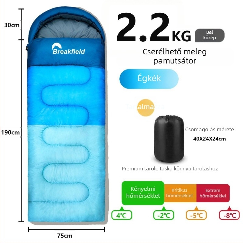 Kempingező kültéri hálózsák, vízálló, vastag töltet, boríték-stílusú, kapucnival, felnőtteknek (Töltet: üreges pamut; Belső: Chunya Spinning; Anyag: poliészter tafta; Szerkezet: boríték; Súly: 1200 g)