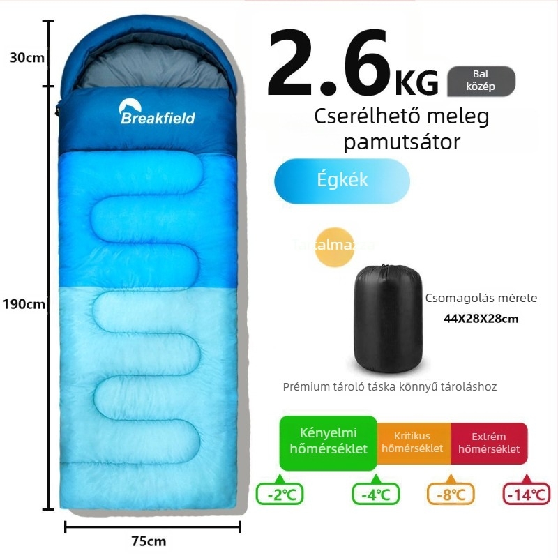 Kempingező kültéri hálózsák, vízálló, vastag töltet, boríték-stílusú, kapucnival, felnőtteknek (Töltet: üreges pamut; Belső: Chunya Spinning; Anyag: poliészter tafta; Szerkezet: boríték; Súly: 1200 g)