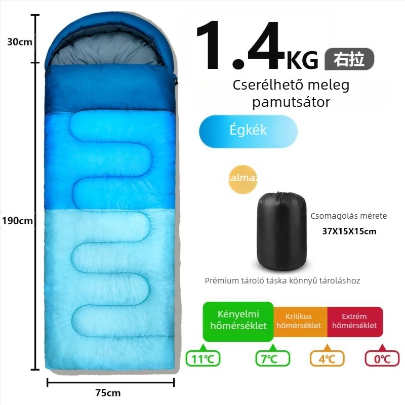 Kempingező kültéri hálózsák, vízálló, vastag töltet, boríték-stílusú, kapucnival, felnőtteknek (Töltet: üreges pamut; Belső: Chunya Spinning; Anyag: poliészter tafta; Szerkezet: boríték; Súly: 1200 g)