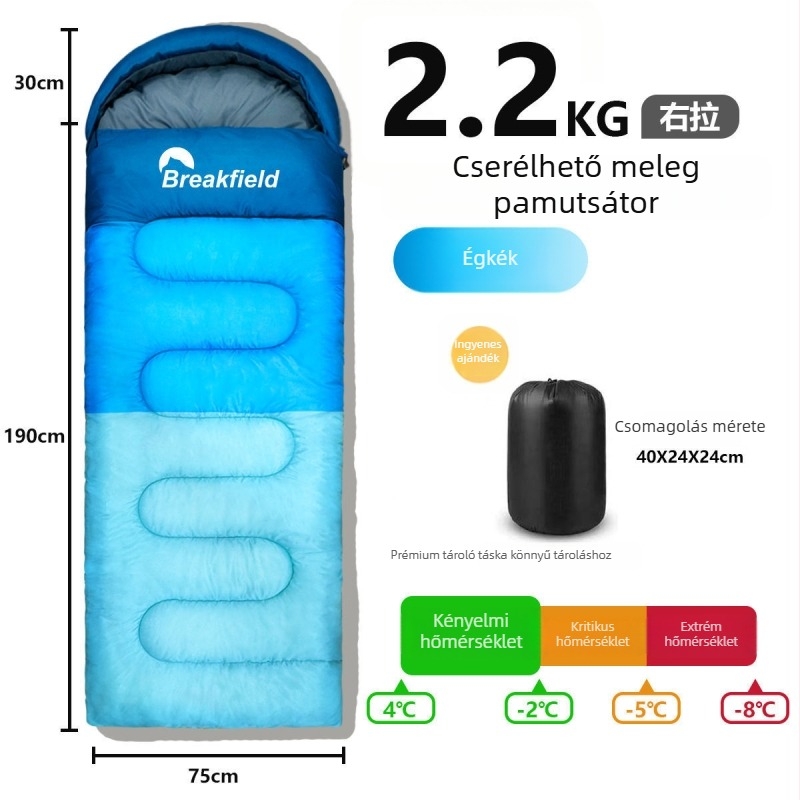 Kempingező kültéri hálózsák, vízálló, vastag töltet, boríték-stílusú, kapucnival, felnőtteknek (Töltet: üreges pamut; Belső: Chunya Spinning; Anyag: poliészter tafta; Szerkezet: boríték; Súly: 1200 g)