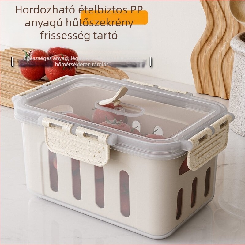 Élelmiszer-minőségű műanyag tárolóedény fedővel, lezárható, gyümölcsöket lecsöpögtető, mikrohullámú sütőbe tehető (Műanyag • Zárható • Csöpögtető • Mikrohullámú sütő)