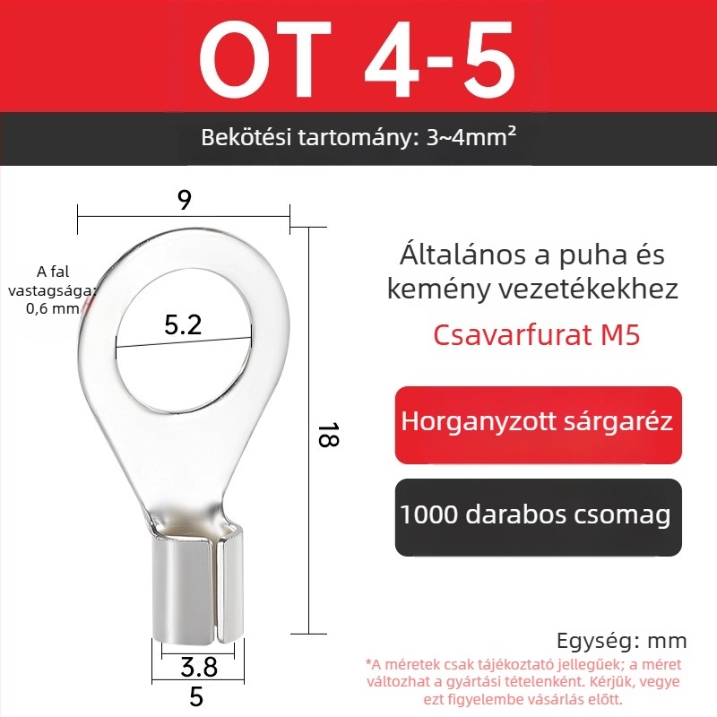 OT4-5 crimpelt terminál, kerek csupasz fej, O-típus, nyitott orr