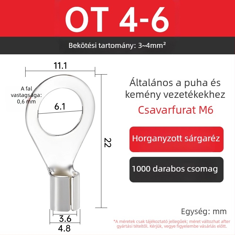 OT4-5 crimpelt terminál, kerek csupasz fej, O-típus, nyitott orr