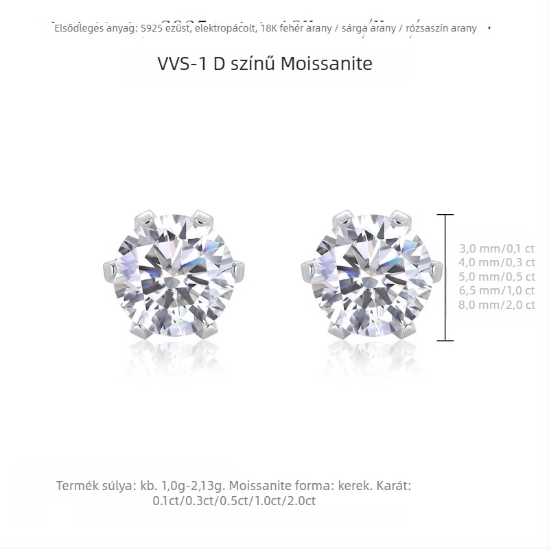 Moissanite fülbevaló Sterling ezüstből – uniszex koreai stílus, kerek/geometriai forma, vágás nyolc szív és nyolc nyíl