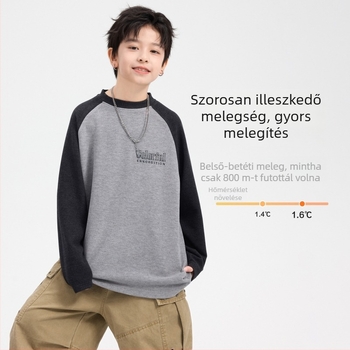 Gyerekeknek készült hosszú ujjú fleece-béléssel ellátott póló, kétoldalas színblokkolás, kerek nyakú