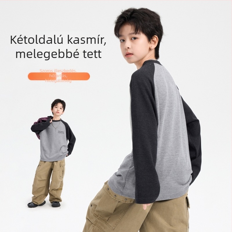 Gyerekeknek készült hosszú ujjú fleece-béléssel ellátott póló, kétoldalas színblokkolás, kerek nyakú